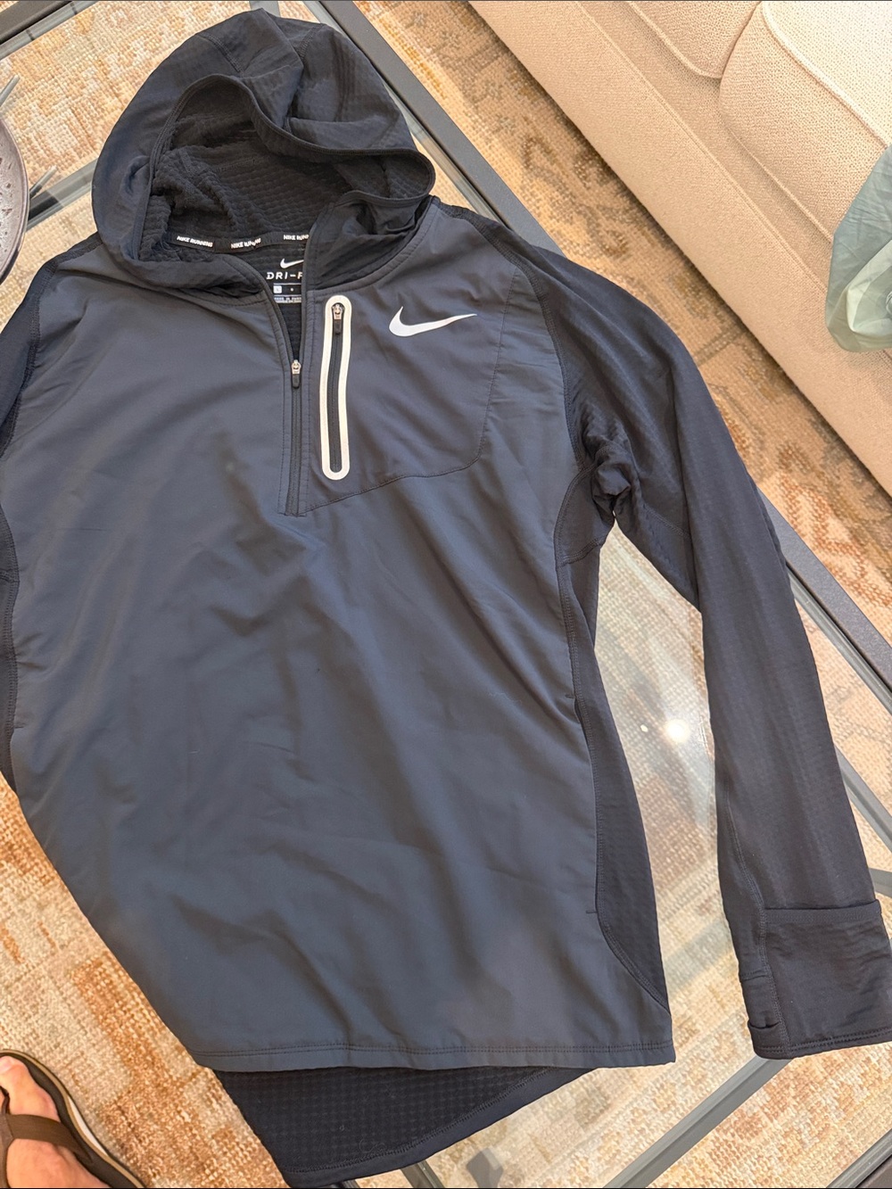 Nike Black Hooded Running Pullover with Chest Zip